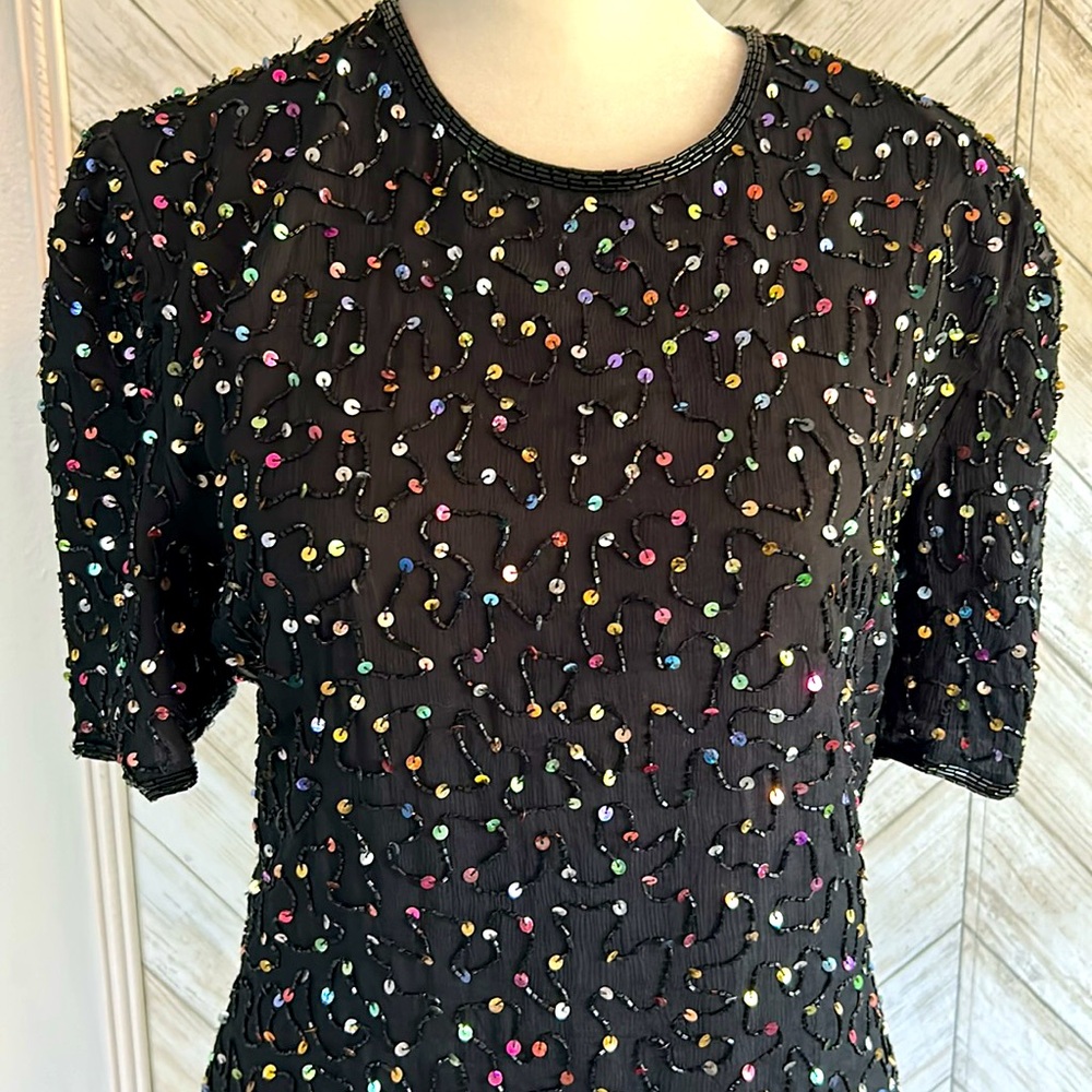 Laurence Kazar black w/multi colored sequins cocktail/holiday/party dress